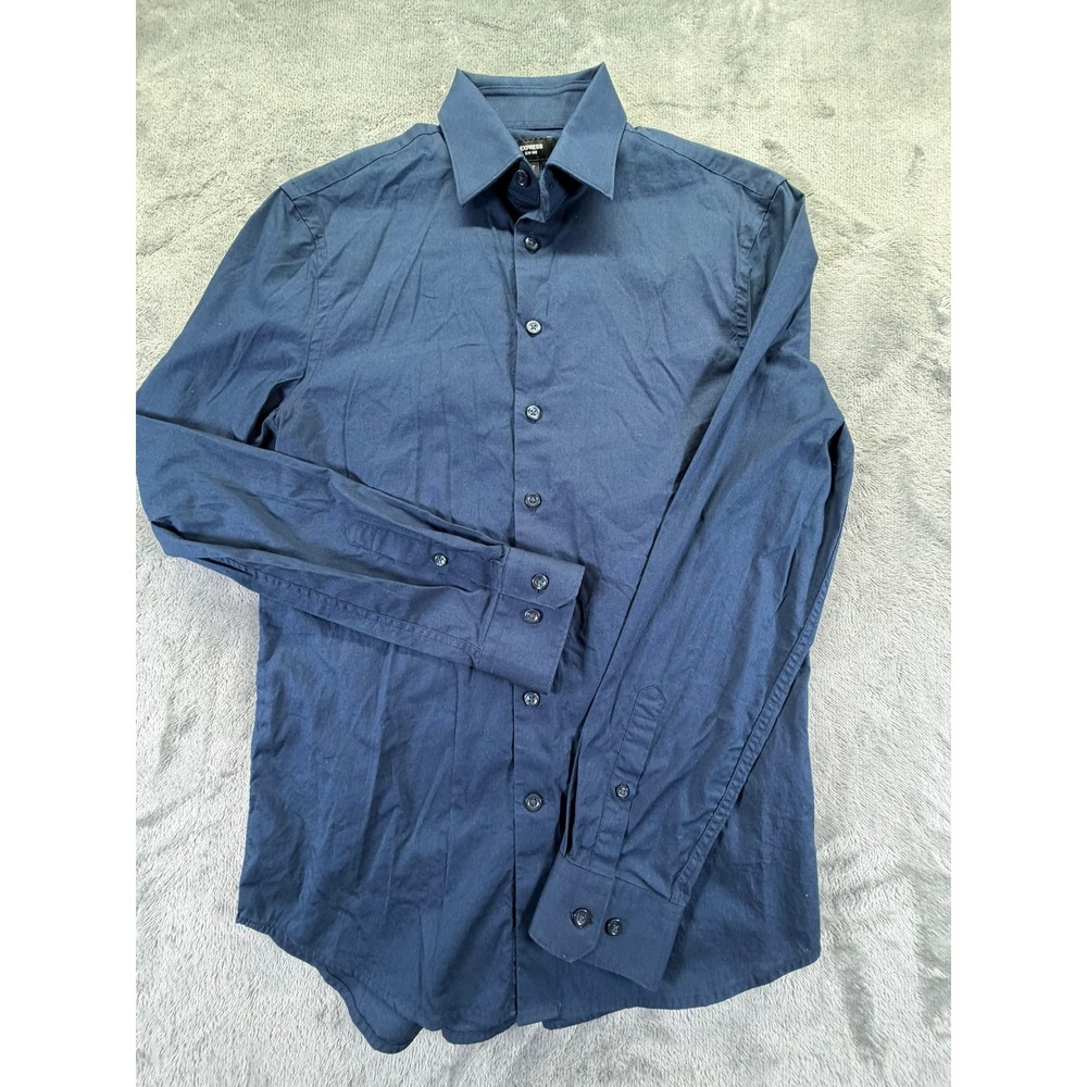 Express Mens Slim 1MX Navy Blue Long Sleeve Button Down Shirt XS Stretch Cotton